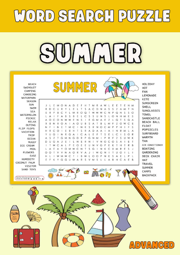 Summer Word Search Puzzle Worksheets | Summer Vocabulary Activities | Printable Word Search