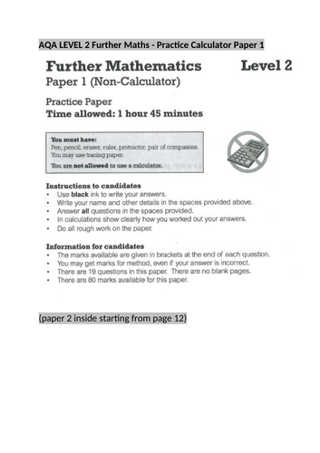 AQA Level 2 Further Maths Practice Paper 1 and 2 June 2022 with mark schemes