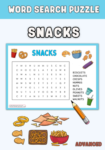 SNACKS Word Search Puzzle Worksheet Activities