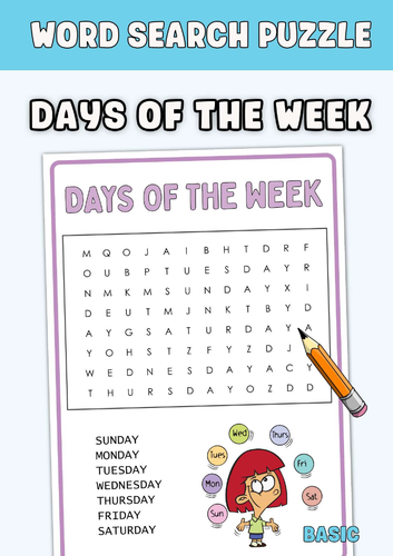 Days of the week Word Search Puzzle Worksheet Activities