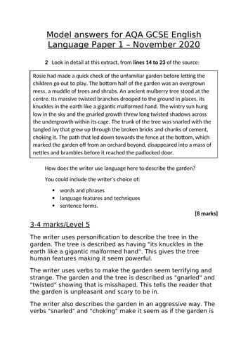 Levels 5,7 and 9 model answers (AQA GCSE English Language Paper 1 November 2020)
