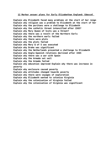 12 marker questions for Early Elizabethan England