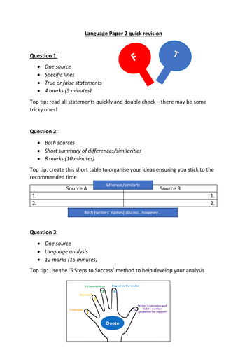 AQA Language Paper 2 quick revision sheet