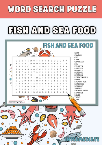 Fish and Seafood Word Search Puzzle Worksheet Activities