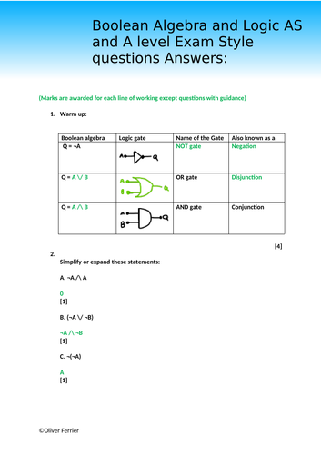 Boolean Algebra And Logic Exam Style Questions Computer Science AS / A Level (OCR)