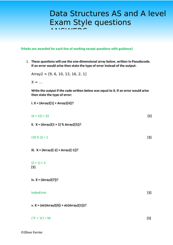 Data Structures Exam style questions Computer Science AS and A level (OCR)