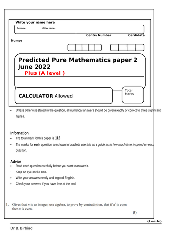 Predicted A level Paper 2 Pure Mathematics June 2022