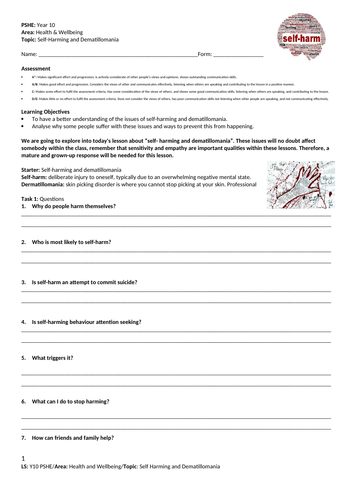 Self-Harming and Dematillomania - PSHE - Year 10