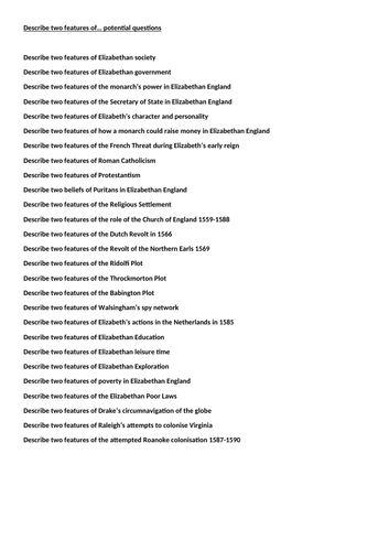 Elizabethan England GCSE History Describe two features list of questions 4 marks