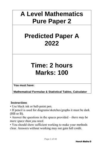 A Level Maths Predicted Paper 2022 - Pure Paper 2- Edexcel