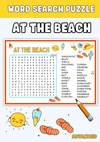At the beach Word Search Puzzle Worksheet Activities