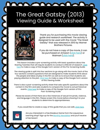 The Great Gatsby (2013) Viewing Guide & Worksheets