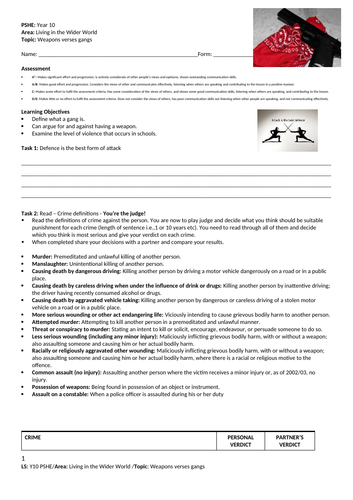 Weapons Verses Gangs - PSHE - Year 10