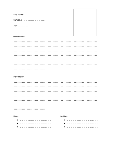 Character Profile Worksheet Teaching Resources