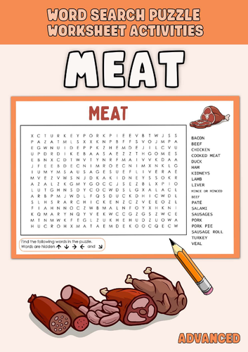 MEAT Word Search Puzzle Worksheet Activities Teaching Resources