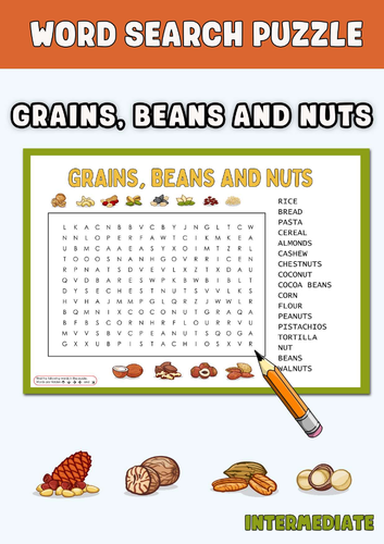 Grains, Beans and Nuts Word Search Puzzle Worksheet Activities