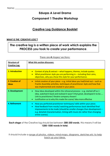 Eduqas A Level Drama Component 1 Creative Log Booklet