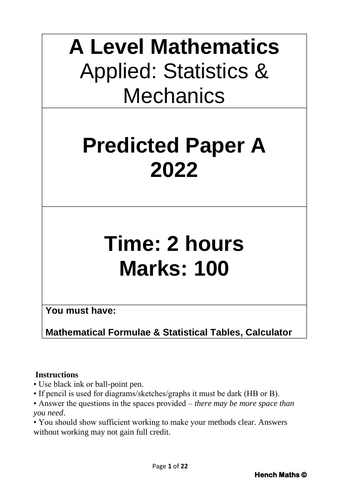 A Level Maths Predicted Paper 2022 - Applied Paper A - Edexcel