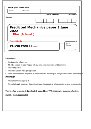 Predicted Mechanics Paper 3 June 2022