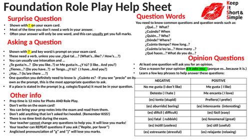 AQA GCSE Spanish Speaking Role Play Help Sheet-Foundation AND Higher