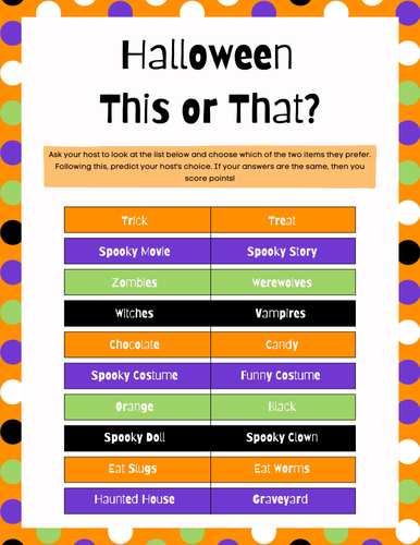 Halloween: Would You Rather, This or That Game, Lesson Filler | Teaching  Resources