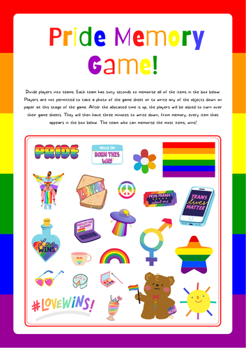Pride Memory Game - Fun LGBTQ Lesson Filler - Team building PSHE