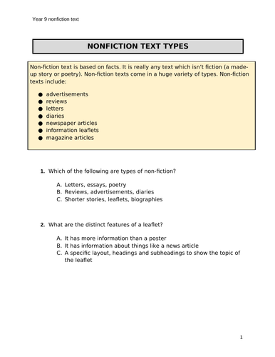 Ks3 worksheet - Non-fiction text types