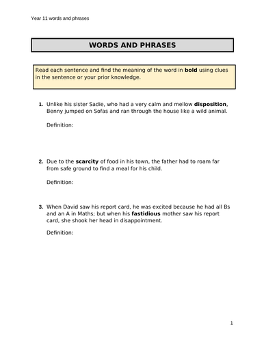 Ks4 English worksheet - Words & Phrases