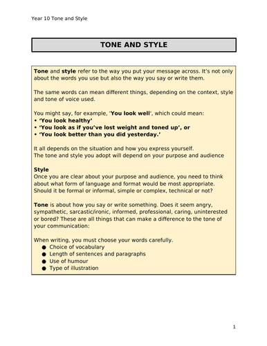 Ks4 English worksheet - Tone & Style