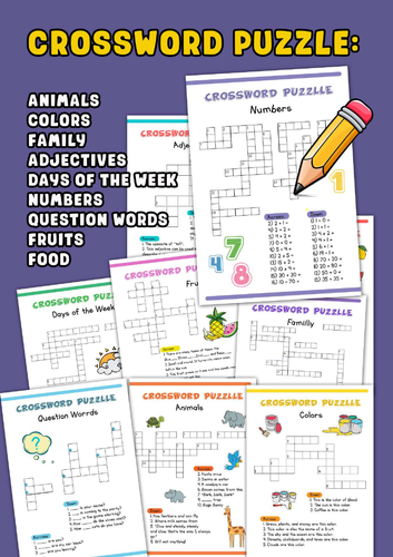 Crossword Puzzle: Animals, Colors, Family, Adjectives, Days, Fruits Vocabulary
