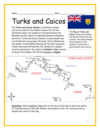 TURKS AND CAICOS  Printable Worksheet with map and flag