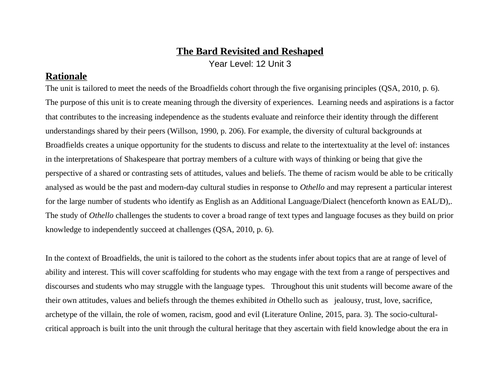 Othello Unit plan and resources