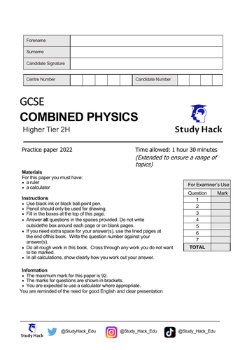 AQA Combined Science GCSE Physics 2022 – Practice Paper 2H