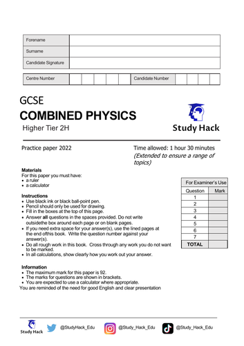 AQA Combined Science GCSE Physics 2022 PRACTICE PAPER 2H
