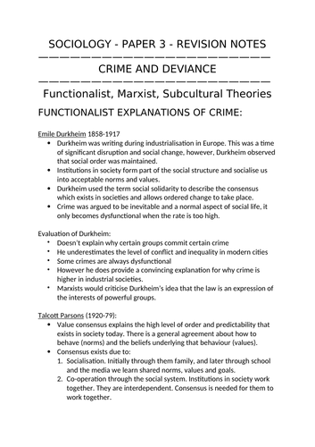 AQA A -Level Sociology - Crime and Deviance Theory Revision Notes