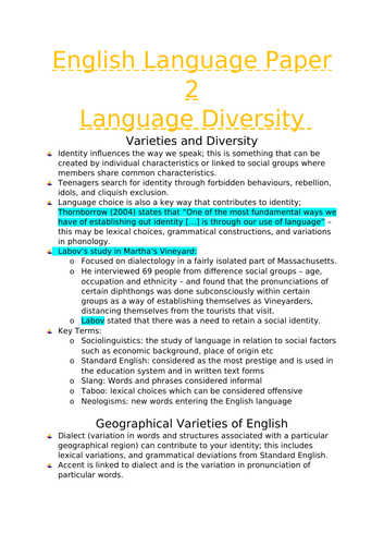 AQA A-Level - English Language Paper 2 - Language Diversity - Revision Notes