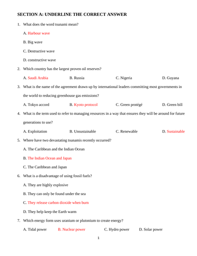 Geography KS3 Year 9  Term Examination with mark scheme