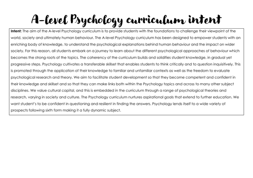 AQA Psychology Y12 & Y13 - Curriculum intent, implementation and impact & SOW overview