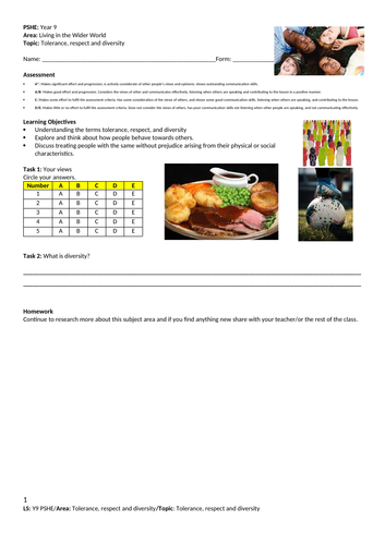 Tolerance, respect and diversity - PSHE - Year 9