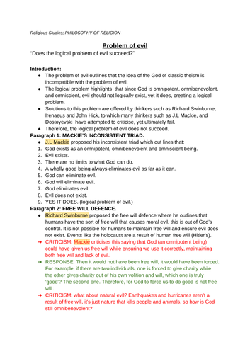 Religious Studies, Problem of Evil, Essay plan.