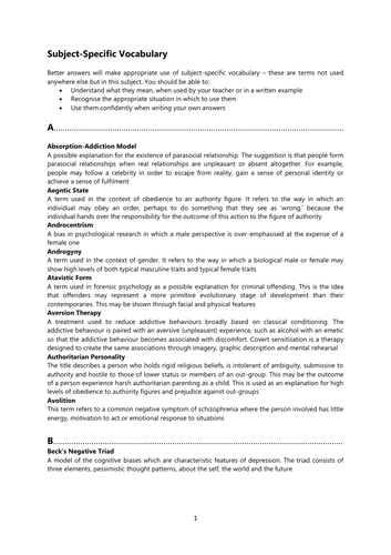 A level Psychology Subject Specific Vocabulary