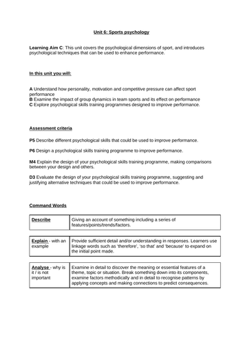 BTEC SPORT - Sports psychology Unit 6 - Learning Aim C Logbook