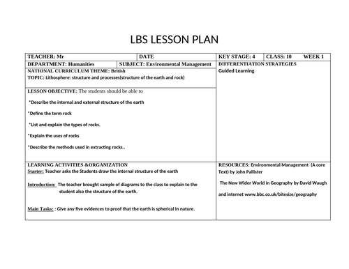 Lesson Plan on Geography and environmental Management for KS3