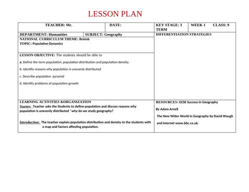 A Ten  Week Lesson Plan for Geography year 9 KS3
