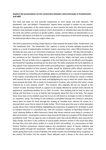 A* A Level English Lit Essay on Frankenstein/Handmaids Tale Essay