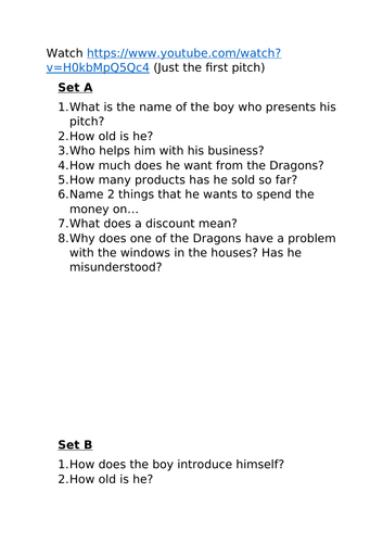 Dragon's Den Comprehension Questions and Link to Video