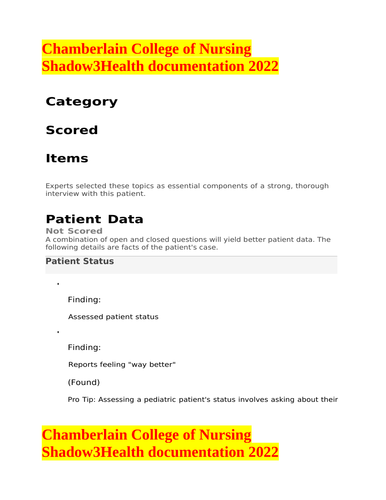 Chamberlain College of Nursing Shadow3Health documentation 2022