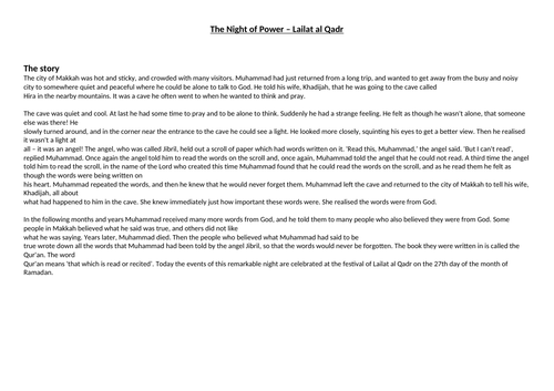 Islam KS2 Topic: The Night of Power Story Retelling Worksheet