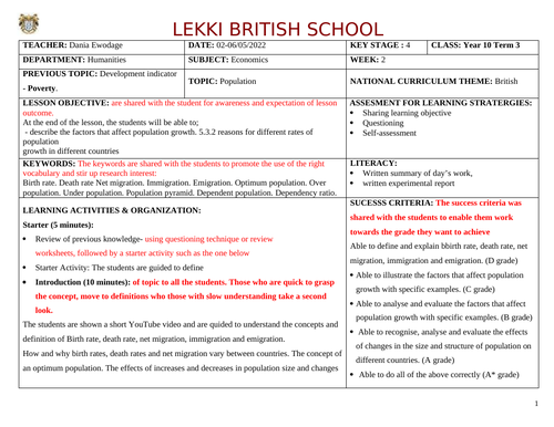 Lesson Plan on Population IGCSE