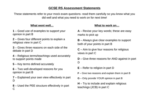 A range of Religious Education Exam Questions and Feedback Sheets